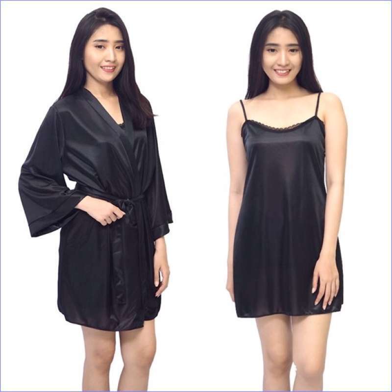 Promo Fk Robe Kimono Babydoll Dress Bride Wedding Lingerie Seksi Set Satin Lace Hijau Hitam