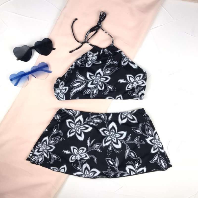 Promo Gratis Ongkir Azure Black Floral Bikini Set Bikini Rok Bikini Pantai Diskon 35 Di