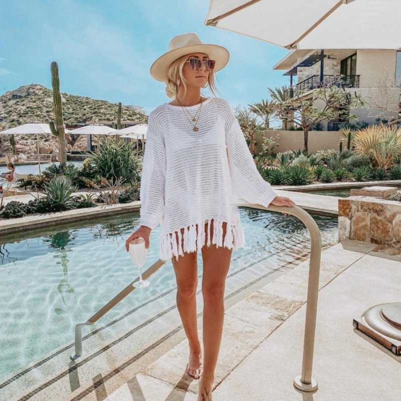 Jual White Knit Long Outer Top Beach Bikini Cover Up Luaran Pantai Bikini Di Seller Zati Shop