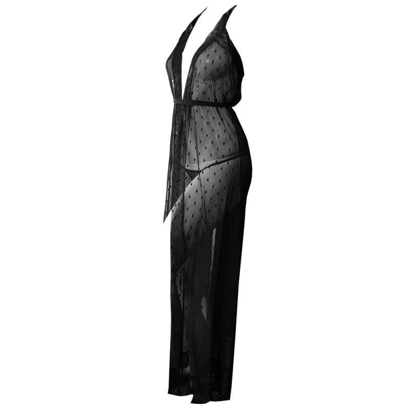 Jual L Baju Tidur Lingerie Long Gown Maxi Dress Halter Hitam Transparan Ikat Pinggang Di