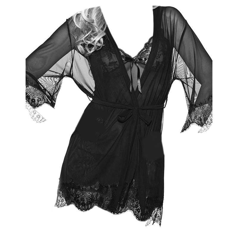 Jual L Baju Tidur Lingerie Robe Kimono Dress Hitam Transparan Lengan Pendek Ikat Pinggang
