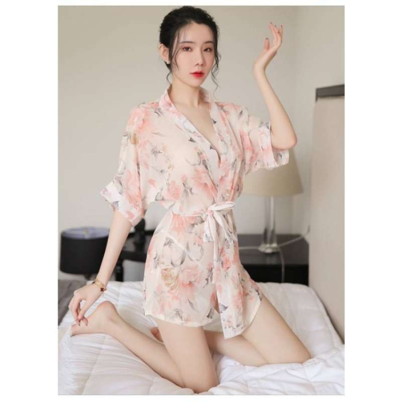 Promo Kimono Lingerie Sexy Gstring Baju Tidur Sifon Dicetak Printing Kflow Oren Bunga Diskon