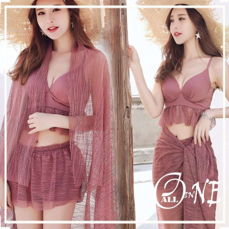 Jual Stock Update All In One 035 Swimsuit Set Bikini Baju Renang Free Outer White Di Seller