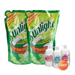 Sunlight Sabun Cuci Piring Jeruk Nipis Refill [800 mL/2 pcs] + Free Sunlight Pump