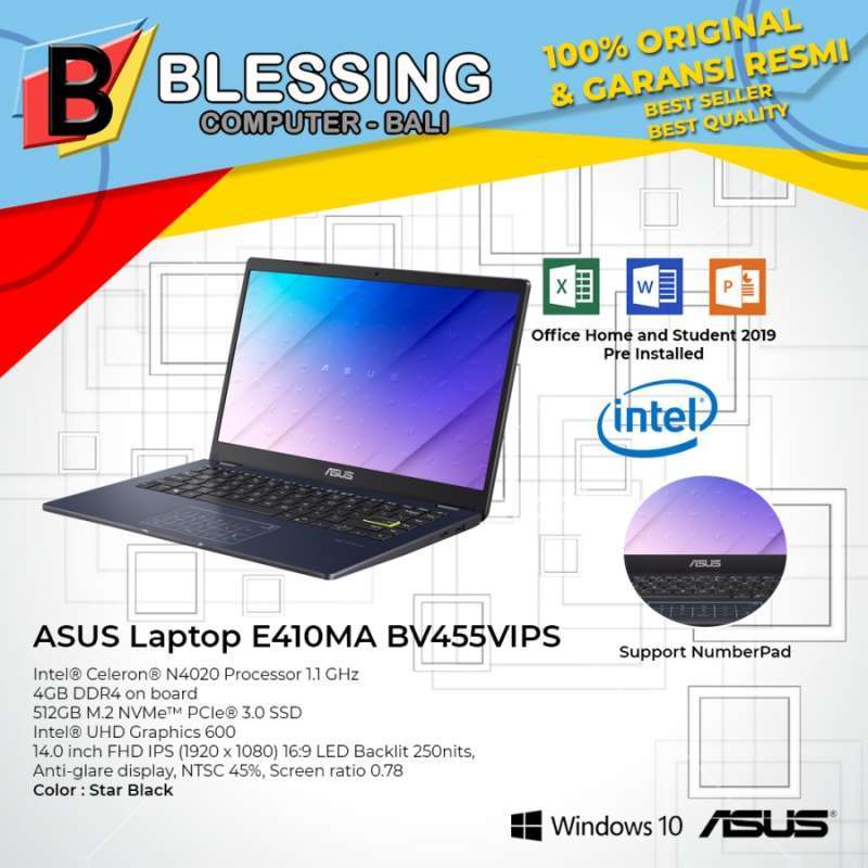 asus e410ma bv455vips cel n4020 4gb 512gb w10 ohs 2019 star black