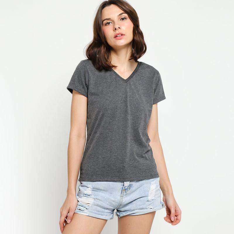 VM V Neck T-Shirt Wanita - Abu Tua 