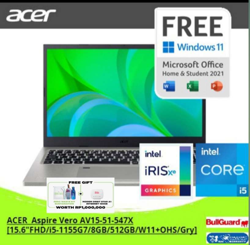 Promo ACER Aspire Vero AV15-51-547X  [15.6FHD/i5-1155G7/8GB/512GB/W11+OHS/Grey] NX.AYCSN.002 di Seller Acer  Official Store - Kota Jakarta Pusat, DKI Jakarta | Blibli