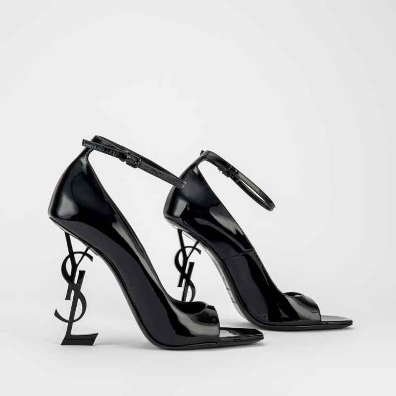 black patent open toe pumps