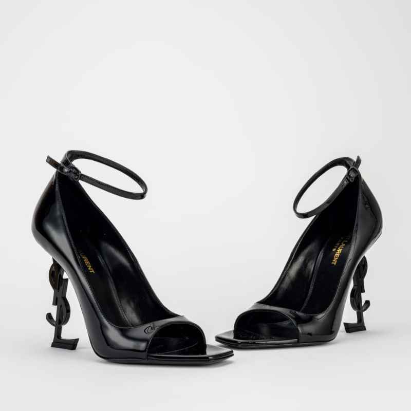 black patent open toe pumps