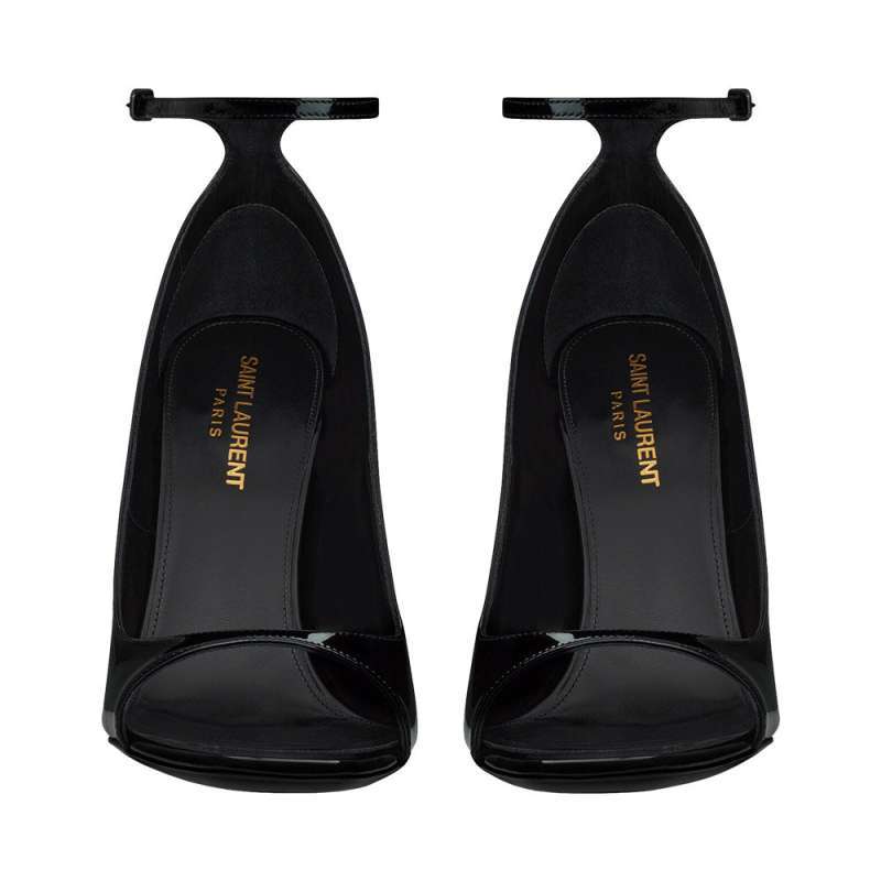 black patent open toe pumps