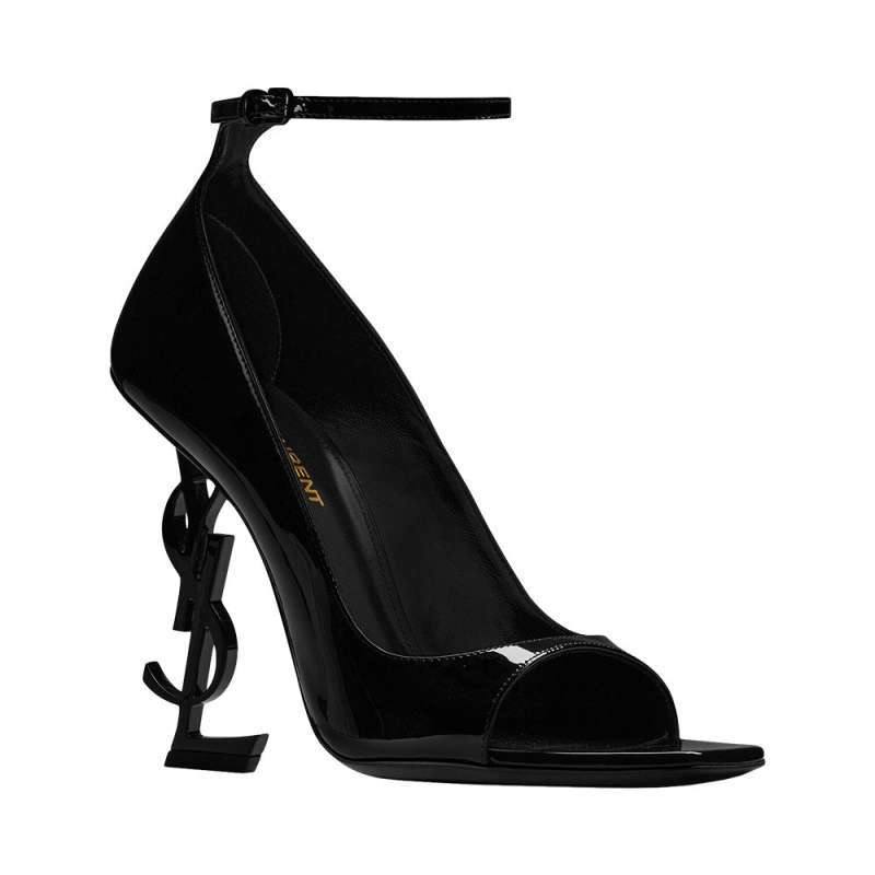 black patent open toe pumps