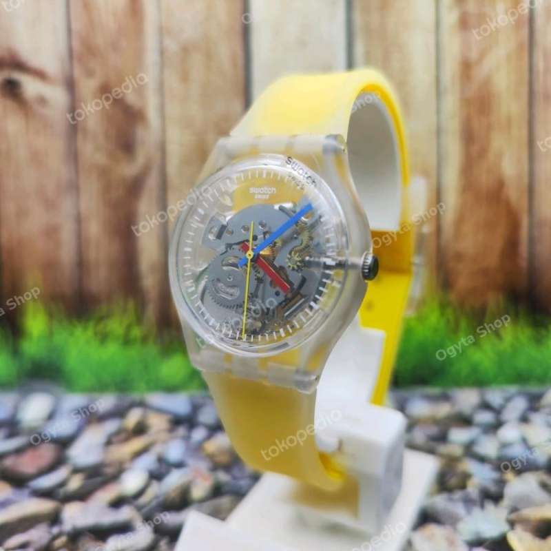 Swatch Jam Tangan Wanita Karet GE291 CLEARLY YELLOW STRIPED Original