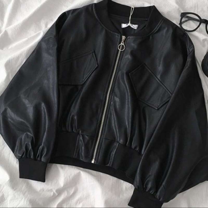 Jaket Kulit Crop Klip Wanita Korea Jaket Kulit Wanita Jaket Wanita