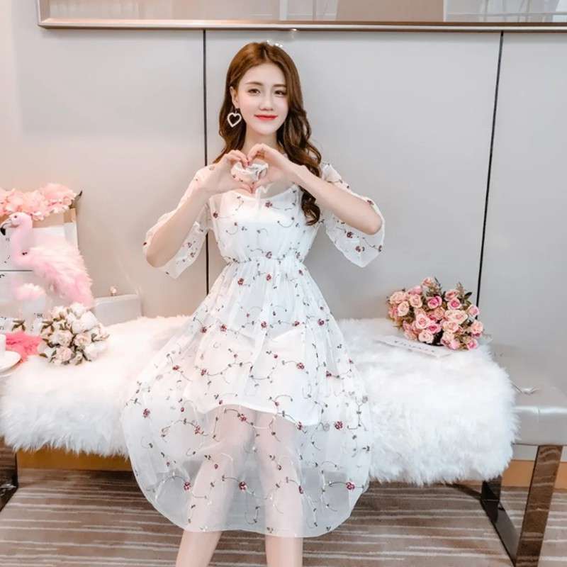 dress korean style import brukat putih wanita hitam