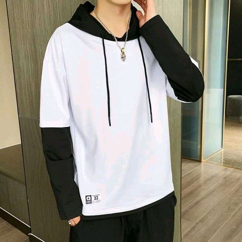 Jual kaos Hoodie korea dobel layer polos Putih Hitam XL di