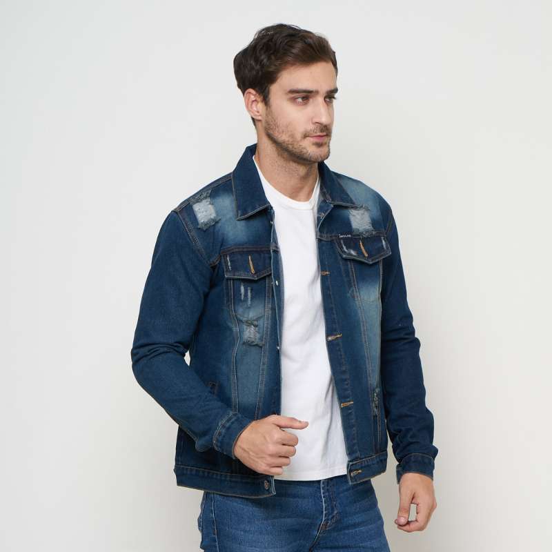 Promo Emoline Ripped Denim Jacket Men Jaket Jeans Sobek Pria