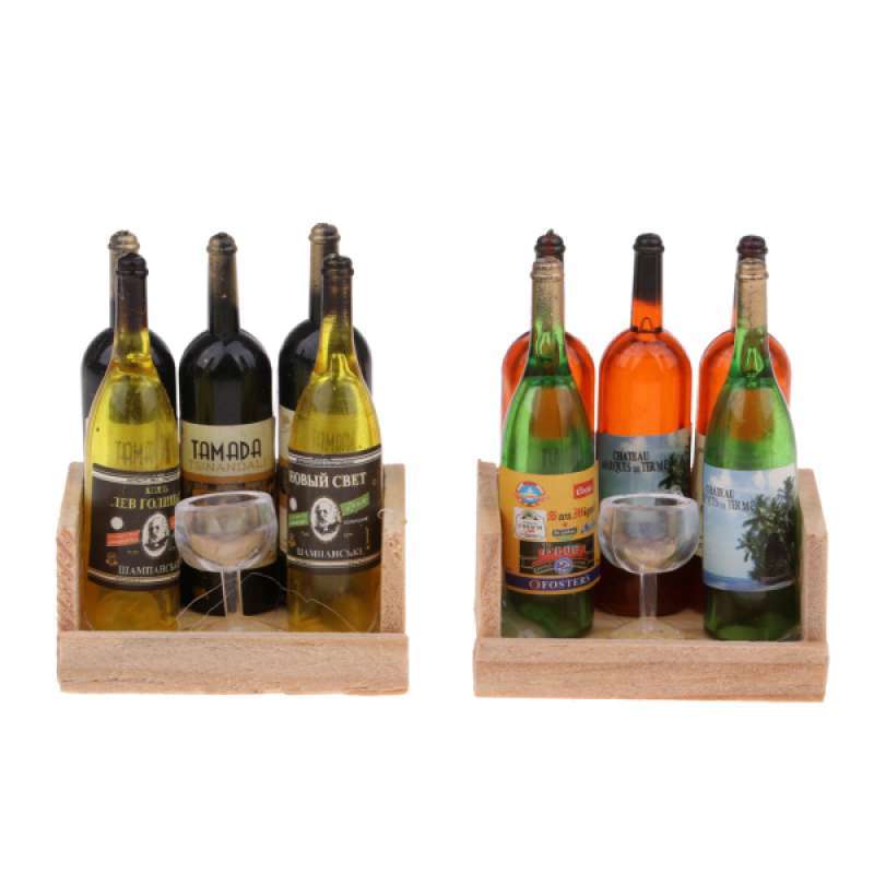Miniature Wine Juice Bottles Cup Wood Rack 1:12 Dollhouse Drink Model 2 Sets