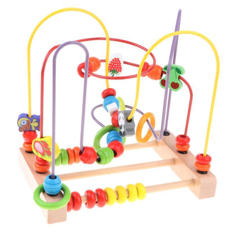 Large Size Wooden Animals Fruits Beads Metal Roller Coaster Educational Toy 