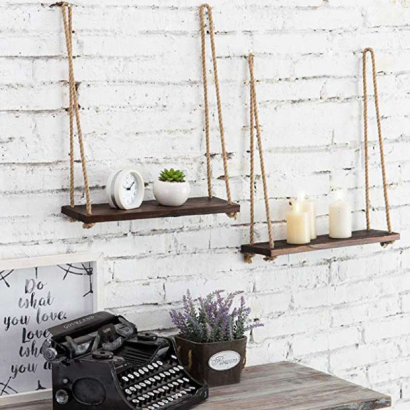 Jual 2pcs Wall Mounted Shelves Garden Hanging Rack W Rope Bathroom Decor Wood Online Januari 2021 Blibli