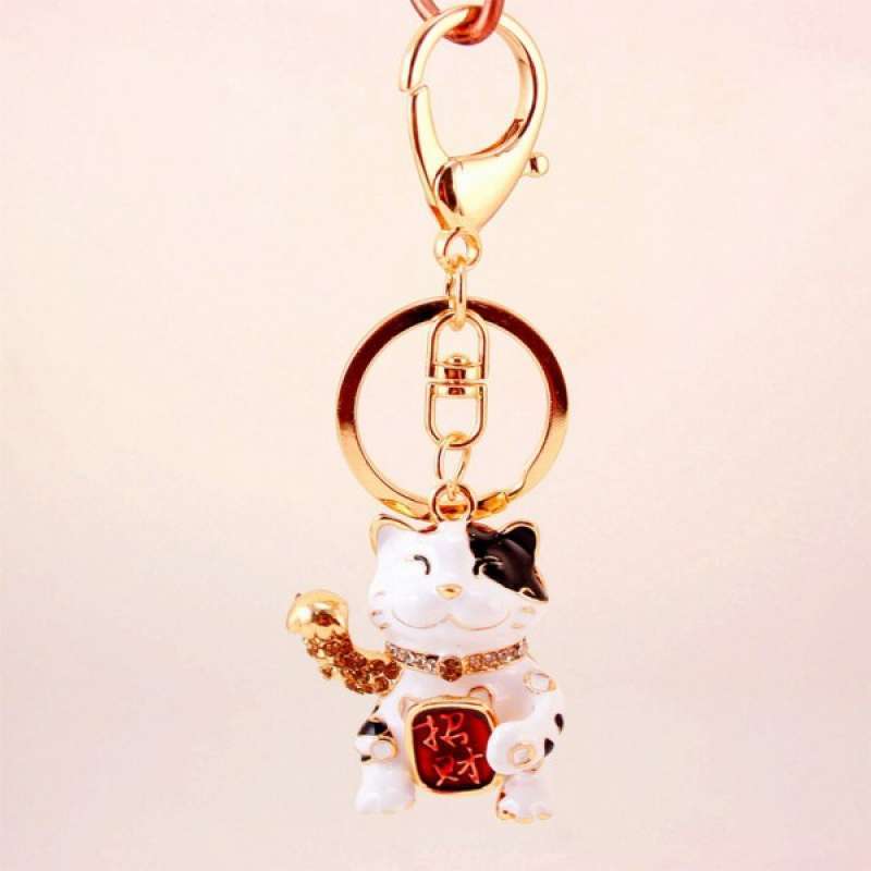 Rhinestone Crystal Hanger Lucky Fortune Cat Pendant Metal Key Ring Keyfobs 