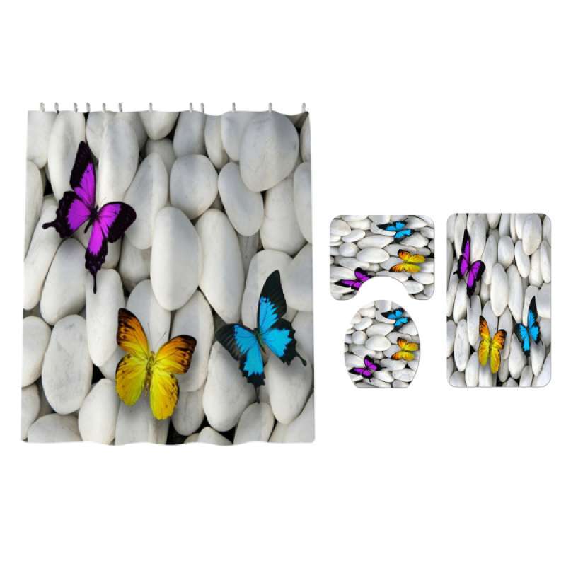 Jual 4 Pieces Butterfly Pebbles Shower Curtain Set W Bath Rug Toilet Lid Cover Online November 2020 Blibli Com