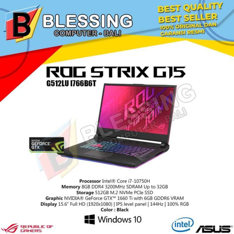 asus rog strix g g512lu i766b6t ci7 10750h 8gb 512gb ssd vga gtx1660ti 6gb w10 black