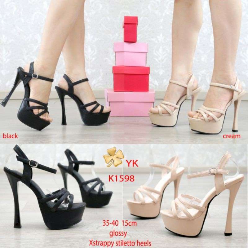 Jual YKshoes 1598 strappy heels 15cm shoes import black cream