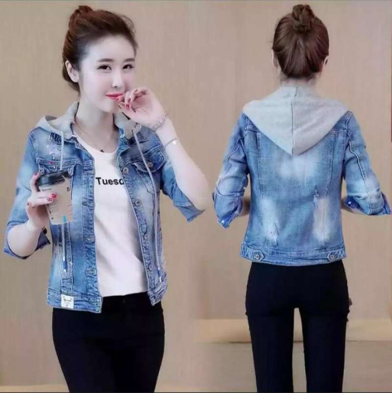 Jaket jeans hoodie wanita 2025