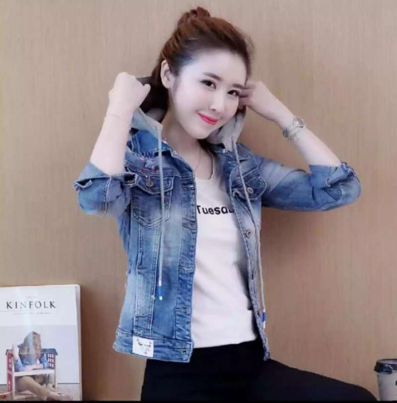 Jaket jeans hoodie sale wanita