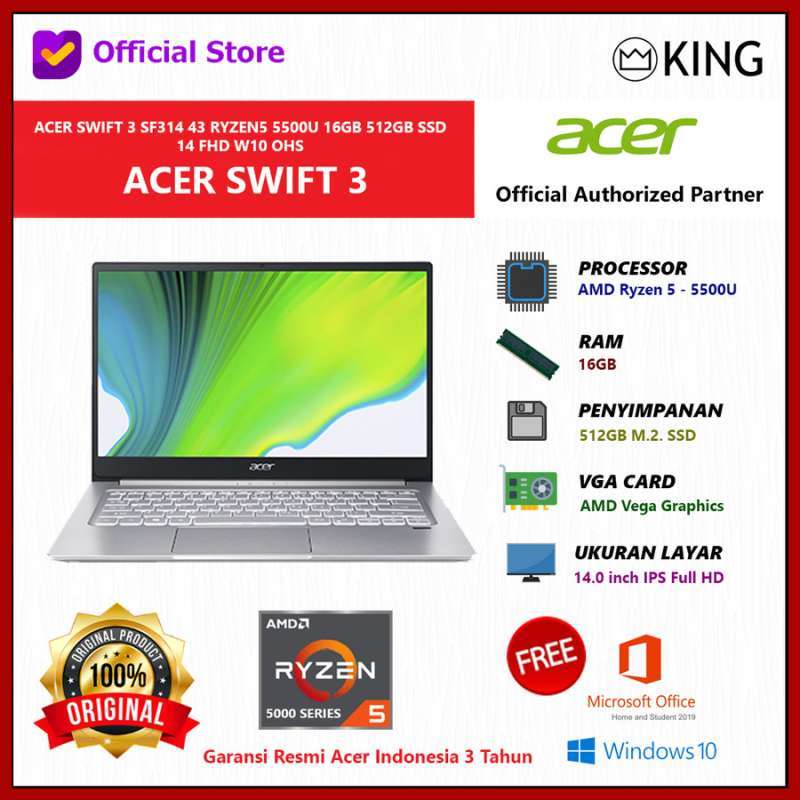 Jual Acer Swift Sf314 43 Ryzen 5500u 16gb 512gb Ssd 14 Fhd W11