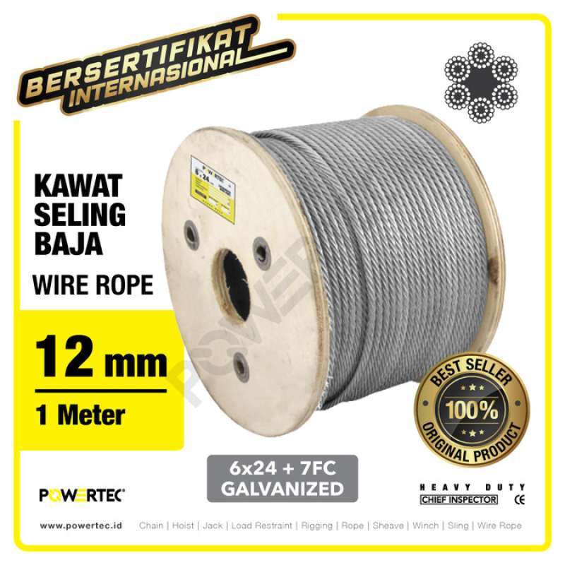 Wire Rope Kawat Seling Baja 6x24 7FC 12mm Galv POWERTEC Meter