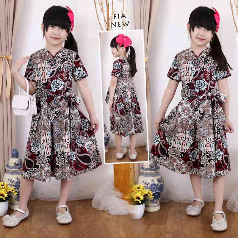Evercloth Fia New Dress Batik Anak Perempuan Pita Couple Family Set Baju Anak Cewek