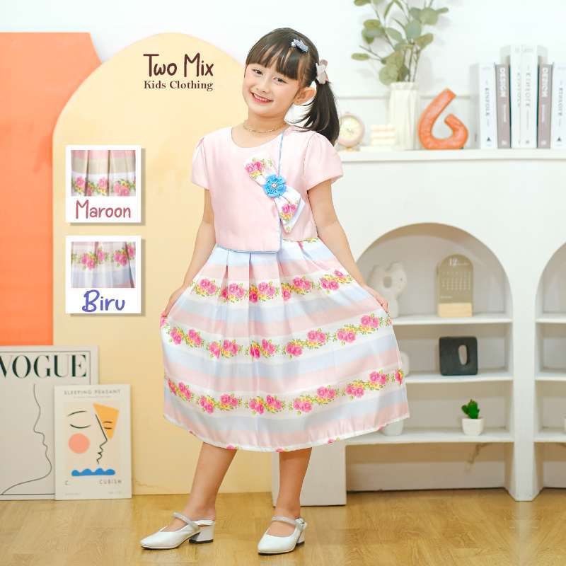 Two Mix Baju Anak Perempuan Fashion - Dress Anak Wanita Bahan Kain Satin Usia 1-12 Tahun 4276