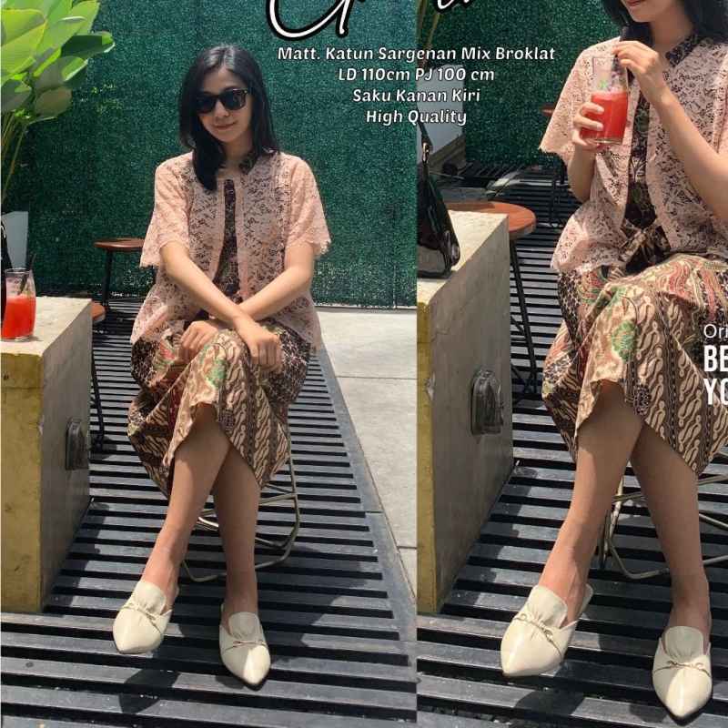 Jual GRETHA Dress Batik Pendek Mix Brokat Wanita di Seller