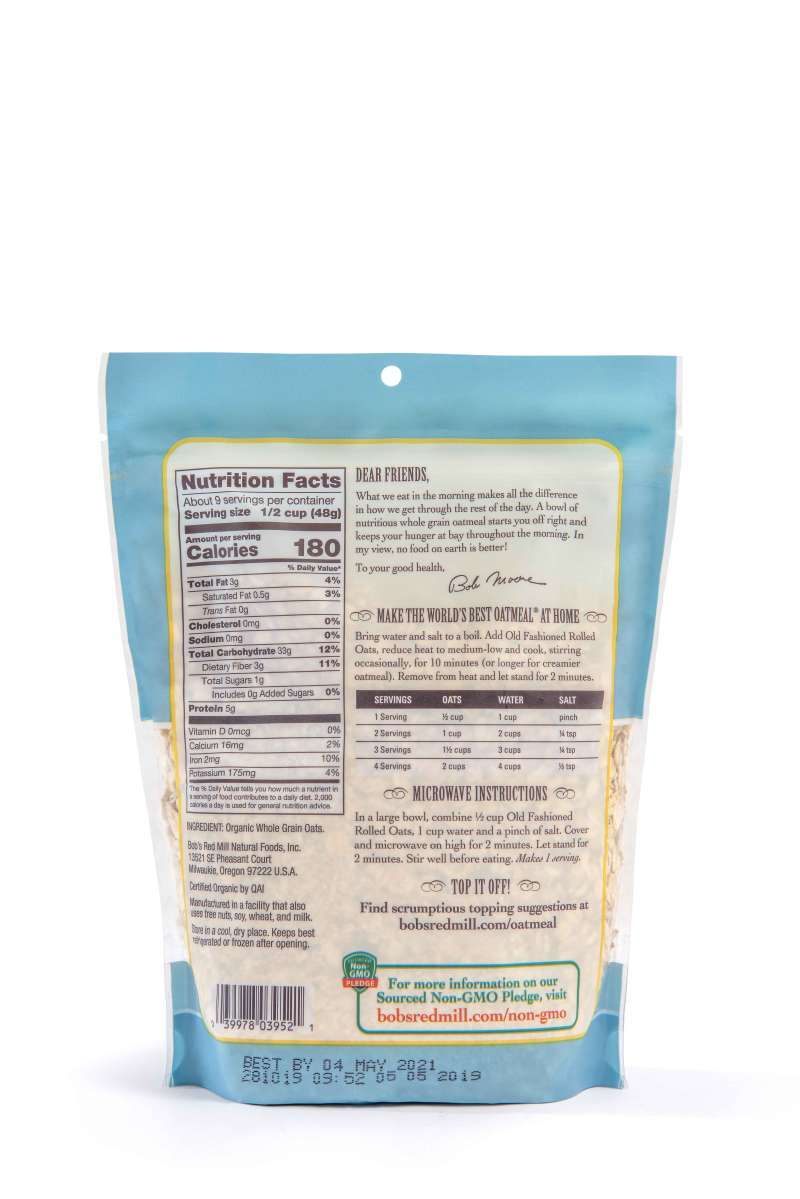 Old fashioned oatmeal nutrition label