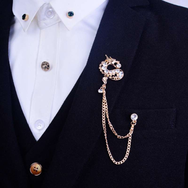 Jual Men S Crystal Dragon Hanging Chain Brooch Pin Lapel Shirt Tuxedo Suit Decor Online November 2020 Blibli