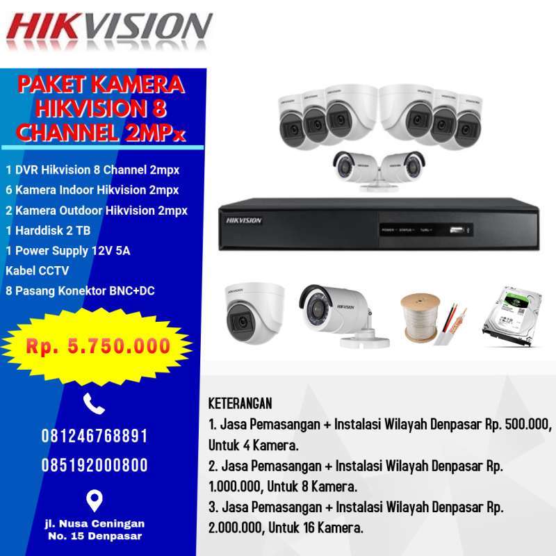 paket kamera cctv hikvision 8 channel 2 mpx