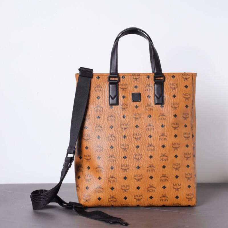 MCM Medium Klassik Shopper Tote Bag in Cognac Visetos and Nappa