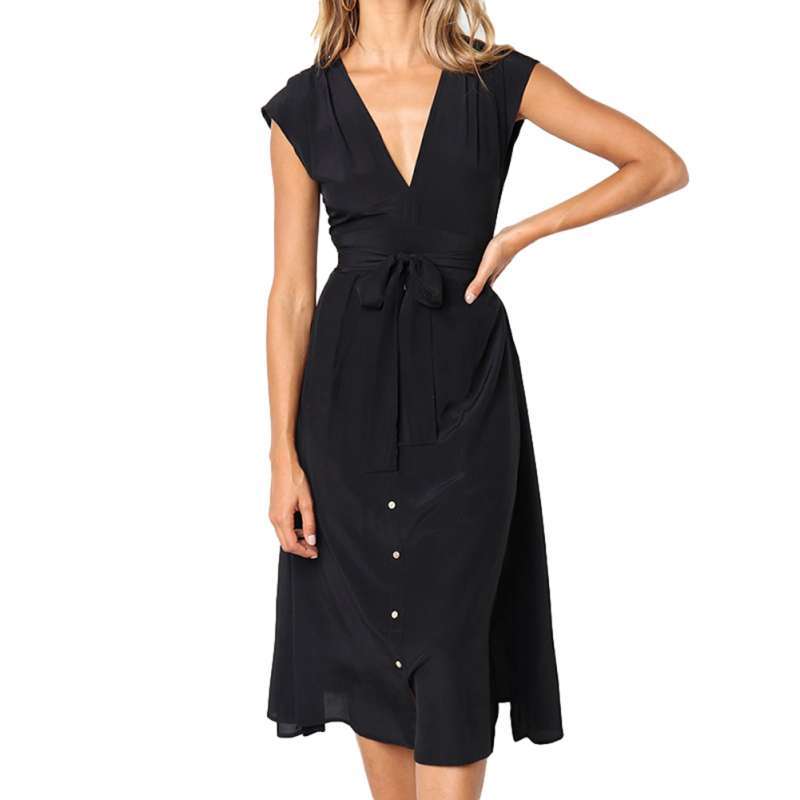 Jual Bluelans Summer Solid Color Striped Women V Neck Sleeveless Belted Buttons Midi Dress Online Desember 2020 Blibli