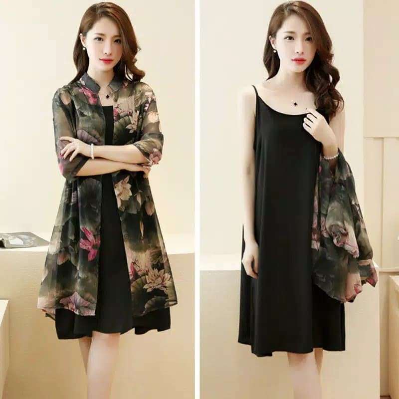 Jual Set 2pcs Korean Dress Import Print Cardigan Kerah Shanghai