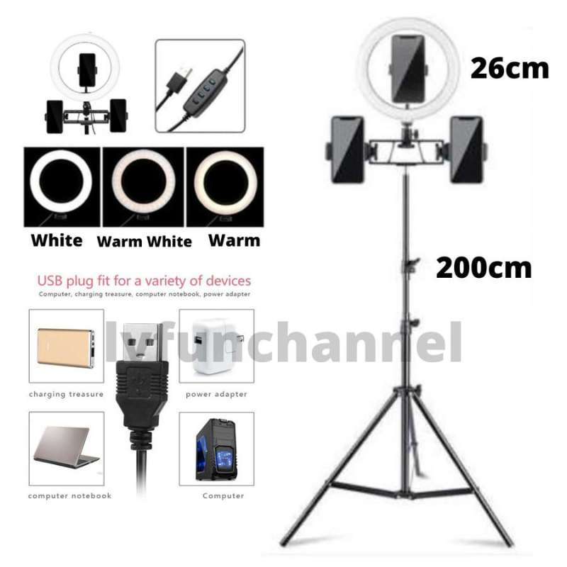 Ring Light Murah LED 26cm Holder Handphone Tripod 200cm Dimmable