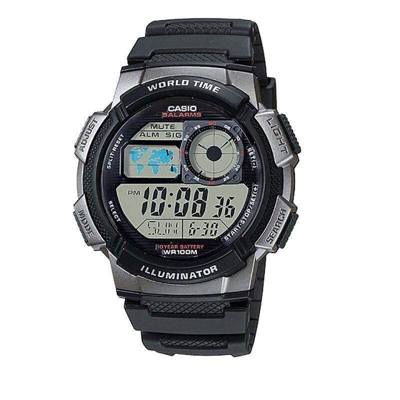 CASIO Illuminator World Time Jam Tangan Digital Pria Original AE 1000W Hitam Silver