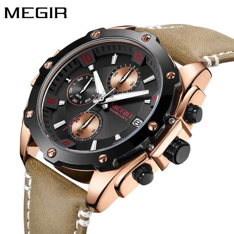 Promo MEGIR 2074 Jam Tangan Pria Analog Chronograph Tali Kulit