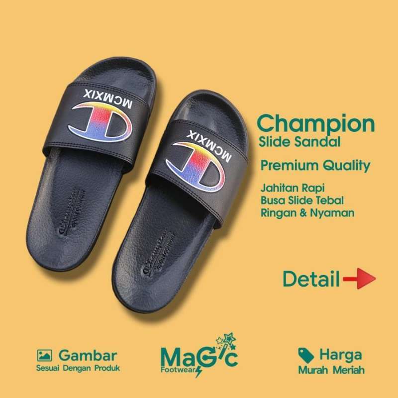 Jual Sandal Slide Pria Premium Champion MCMXIX Hitam Merah Biru