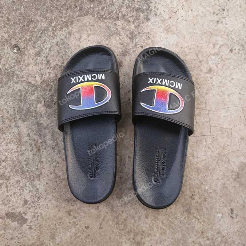 Jual Sandal Slide Pria Premium Champion MCMXIX Hitam Merah Biru