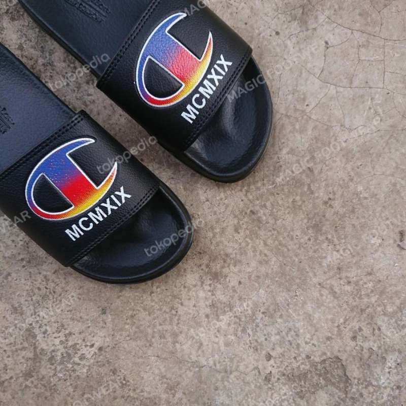 Jual Sandal Slide Pria Premium Champion MCMXIX Hitam Merah Biru