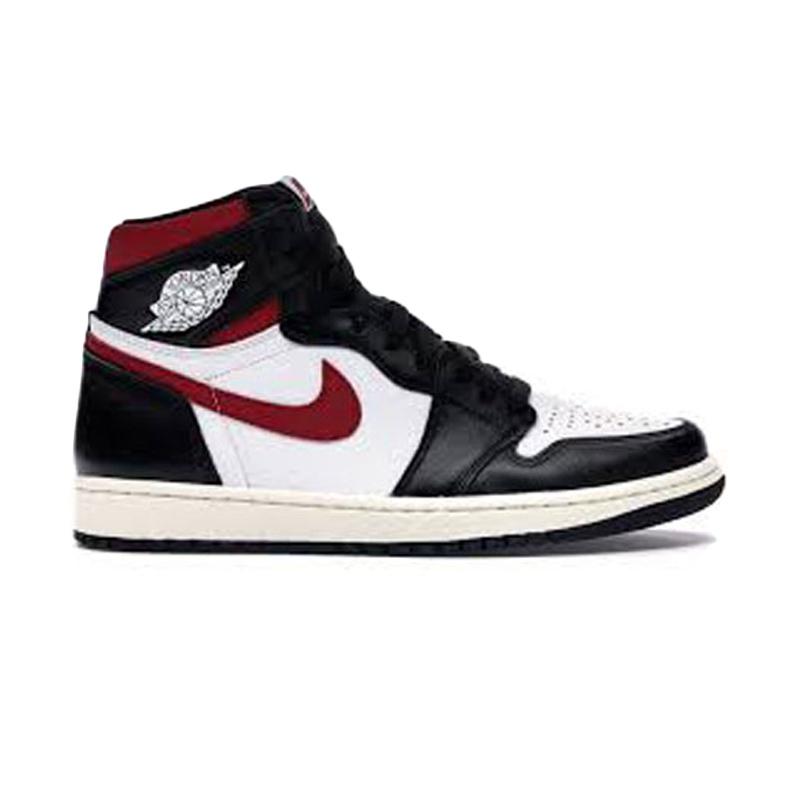 black white and red high top jordans