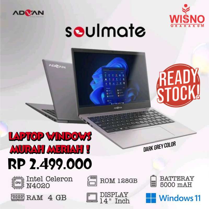 ADVAN Soulmate Laptop dengan Prosesor Intel N4020, Layar HD 14 inci, Dual Speaker, dan Kamera 2MP. Ideal untuk Belajar dan Bekerja Sehari-hari