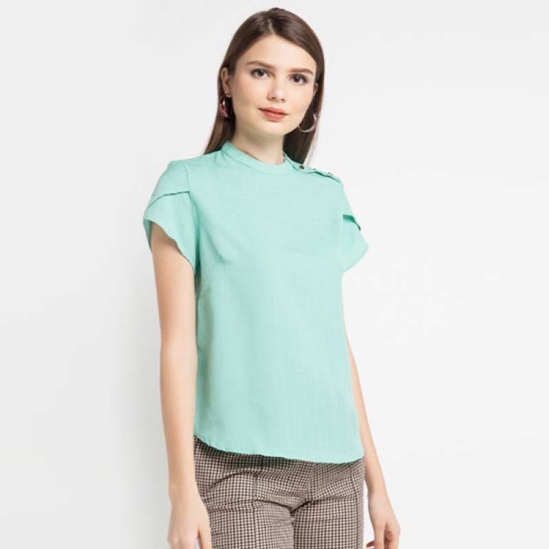 EDITION WOMEN EB76 GREEN BUTTON SHOULDER TOP BLOUSE