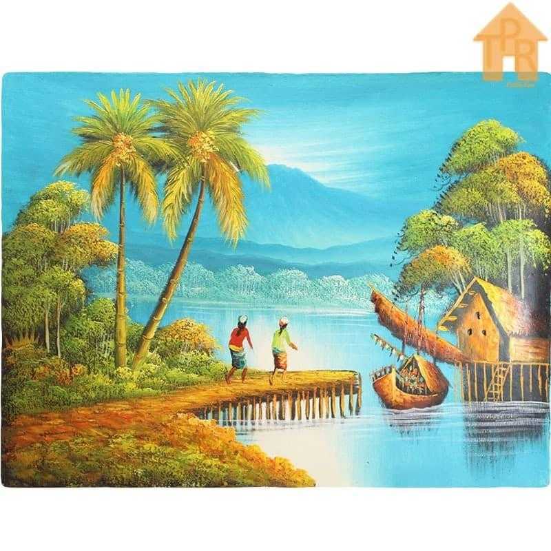 lukisan pemandangan waktu senja di kampung nelayan